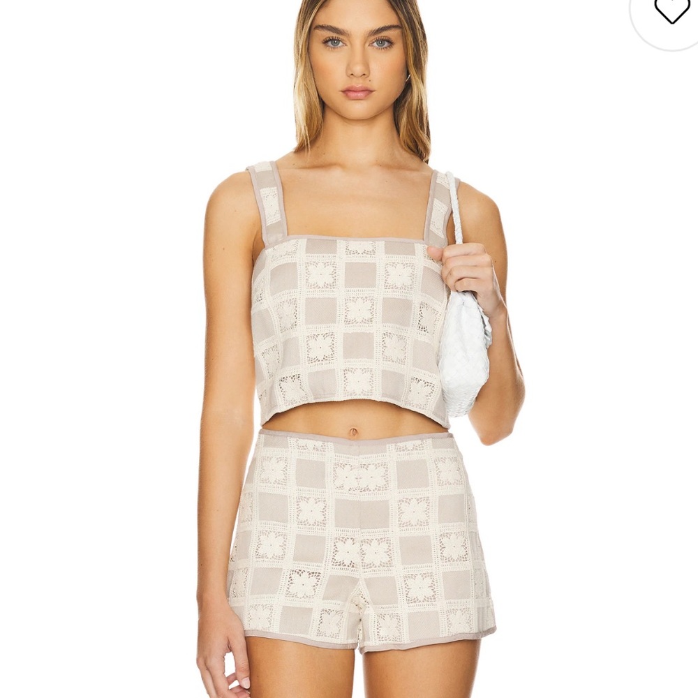 TULAROSA Beige Crochet flower overlay crop top